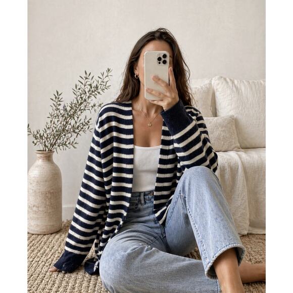 Madewell Sweaters - Madewell Striped Wool Alpaca Cardigan Navy Cream Open Front Cozy Sweater L